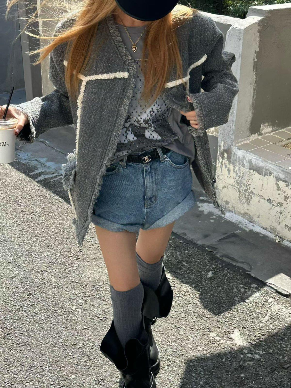 毛邊霧面小香中長外套